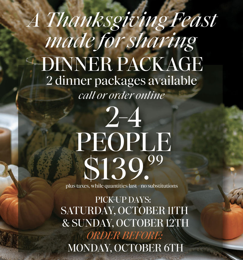 Promotional image for One Fine Food’s Thanksgiving Dinner Package in Peterborough, featuring gourmet turkey or ham dinners with seasonal sides prepared by our bakery, butcher shop, and catering team.