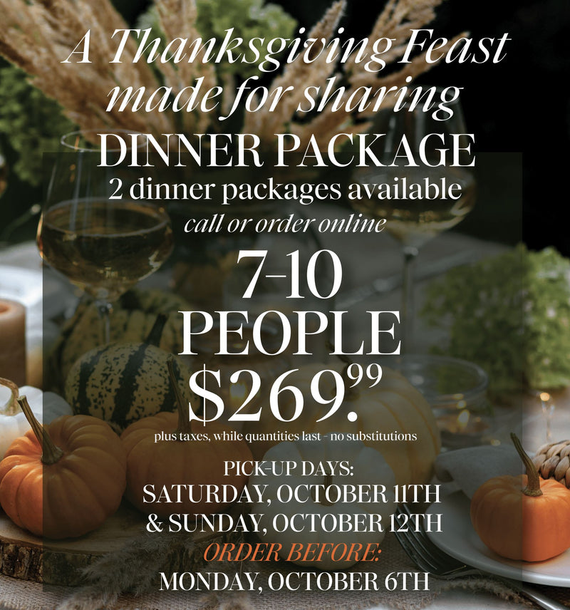 Promotional image for One Fine Food’s Thanksgiving Dinner Package in Peterborough, featuring gourmet turkey or ham dinners with seasonal sides prepared by our bakery, butcher shop, and catering team.